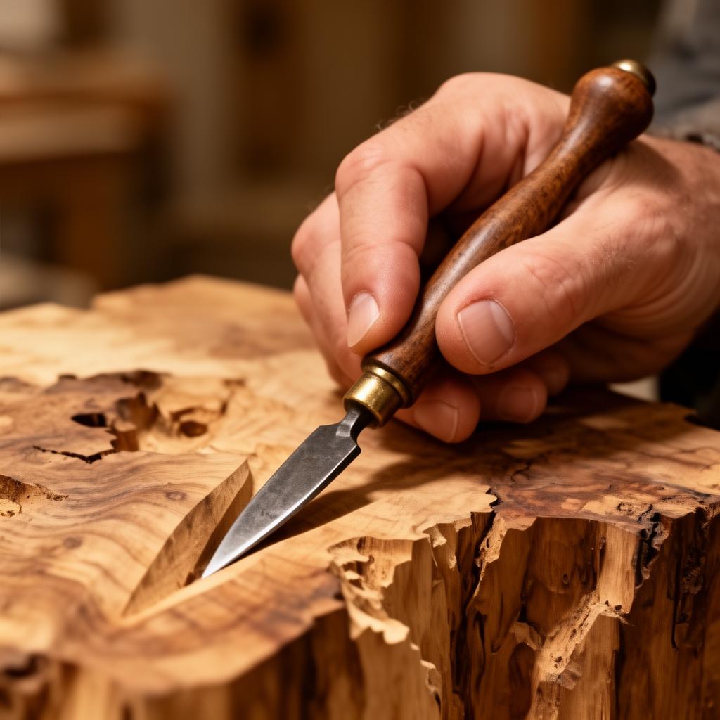 Artisan hand guiding a carving tool across a worked surface