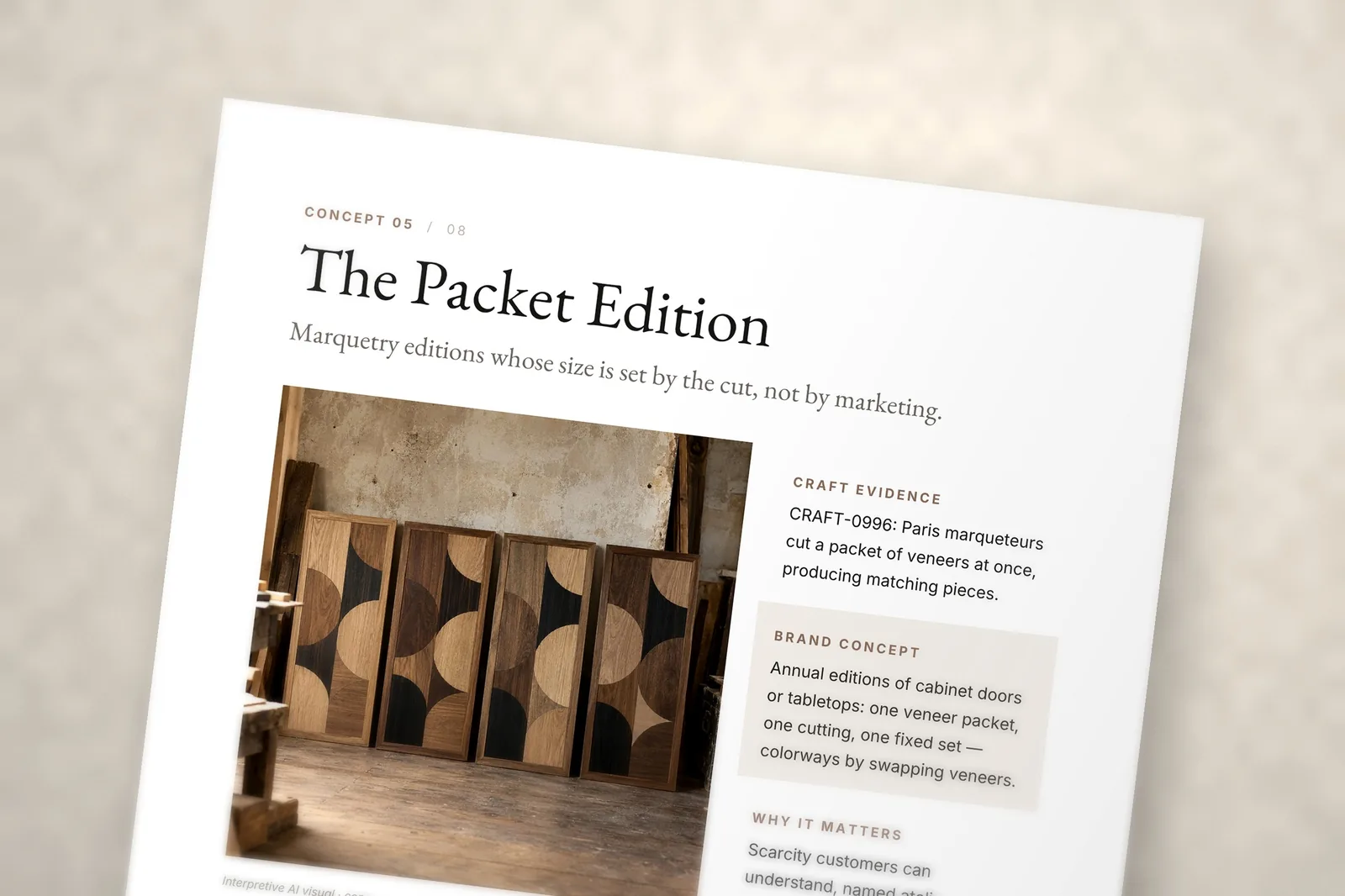 Detail of a concept page from the sample brief Joined by Hand
