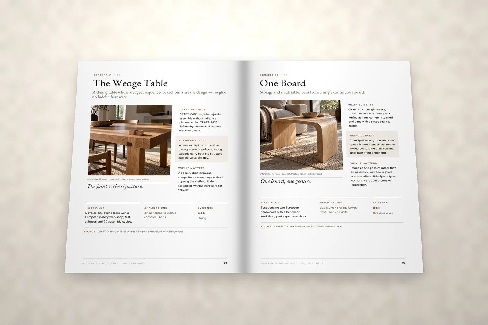 Concept spread from the sample brief Joined by Hand