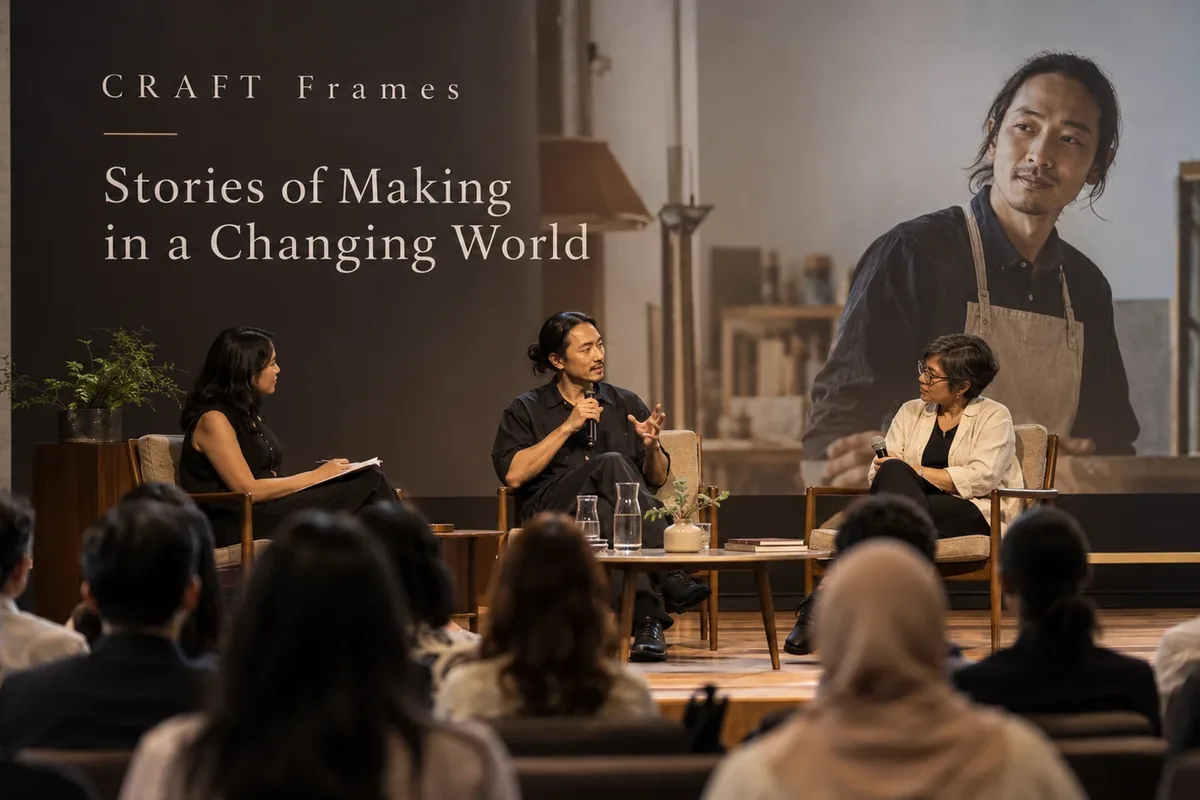 Concept image: three speakers in conversation on a stage in front of an audience