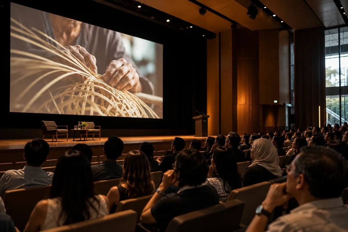 Concept image: an audience in a theatre watching a film about hands weaving