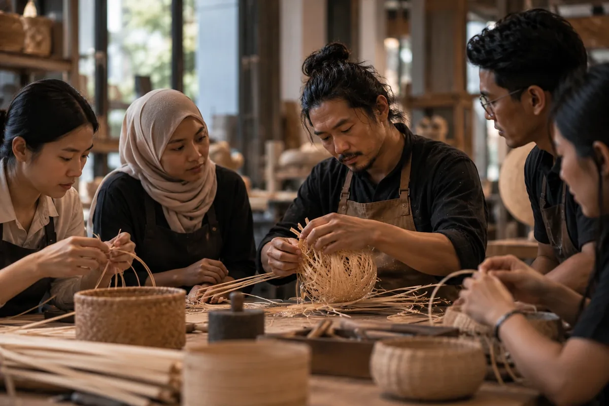 Concept image: a craftsperson showing a small group how to weave by hand